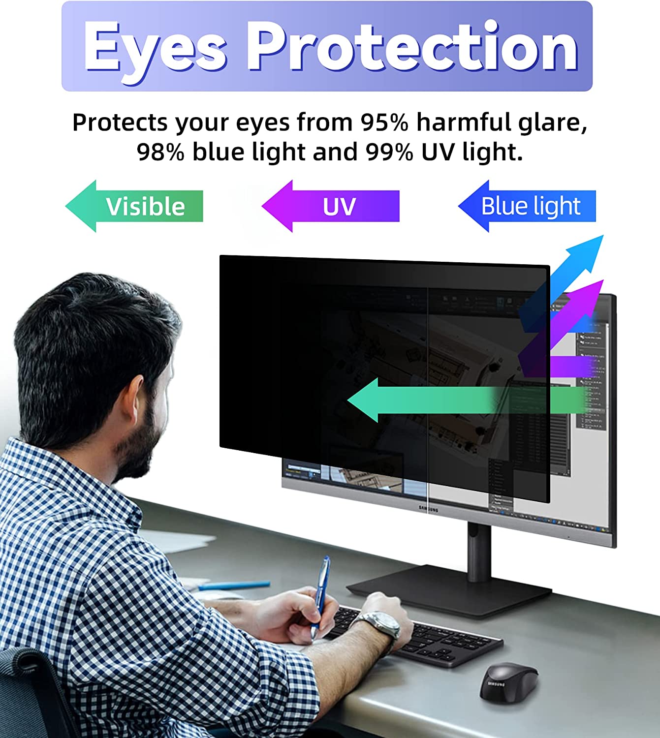 Privacy Screen Filter for 16:9 Widescreen Computer Monitor, Desktop PC, Eye Protection Anti Glare Blue Light Filter Privacy Shield, Anti Spy Screen Protector Film 24 In