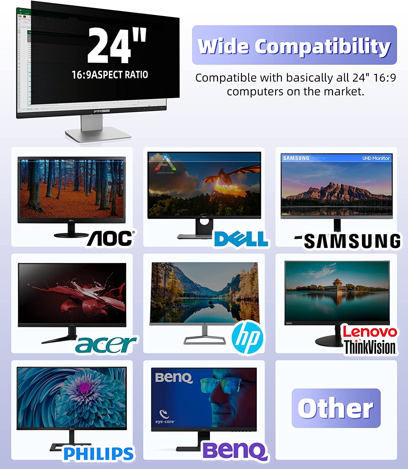Privacy Screen Filter for 16:9 Widescreen Computer Monitor, Desktop PC, Eye Protection Anti Glare Blue Light Filter Privacy Shield, Anti Spy Screen Protector Film 24 In