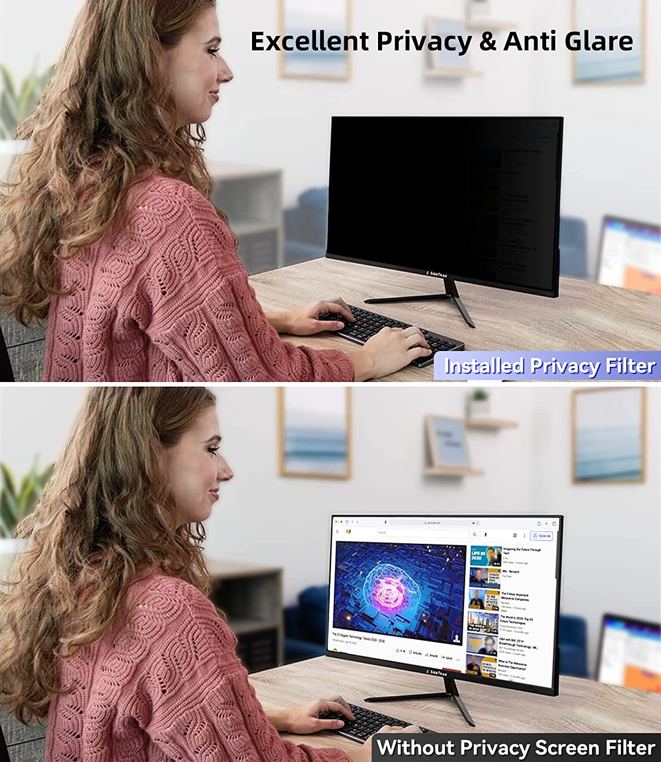 Privacy Screen Filter for 16:9 Widescreen Computer Monitor, Desktop PC, Eye Protection Anti Glare Blue Light Filter Privacy Shield, Anti Spy Screen Protector Film 24 In